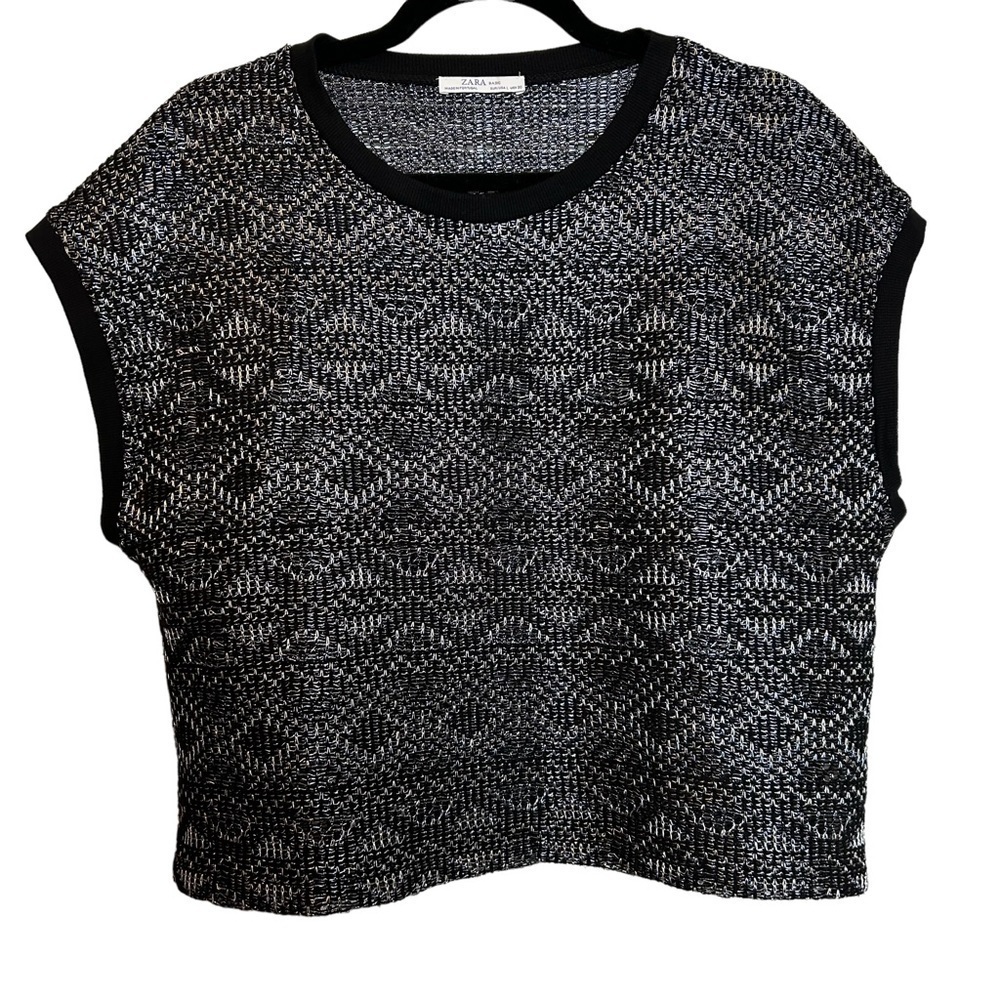 ZARA BASIC Black & Silver Boxy Cut Crop Sleeveless Metallic Top Sz. L